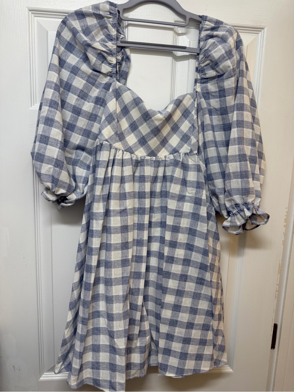 Blue and White Gingham Puff Sleeve Dress